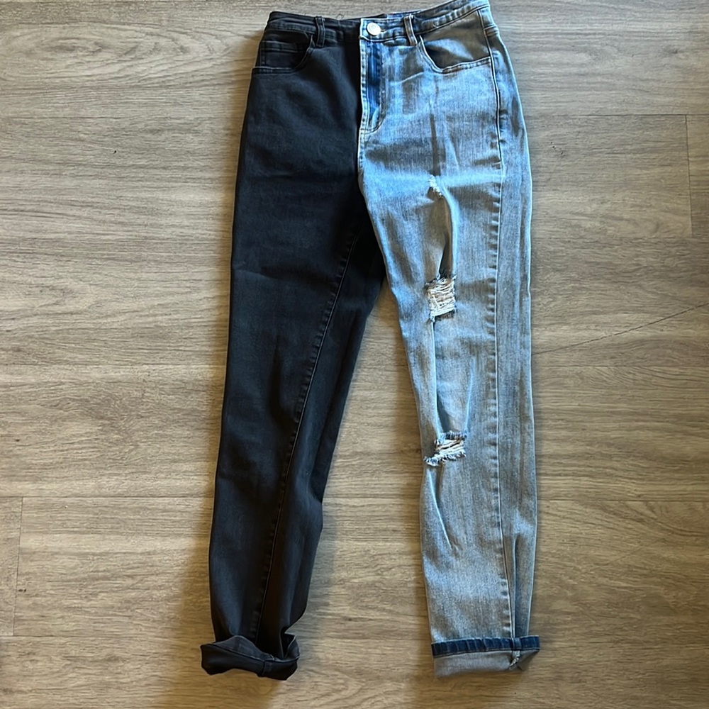 TWO TONE HALF AND HALF MULTI COLOR HIGH WAIST JEANS